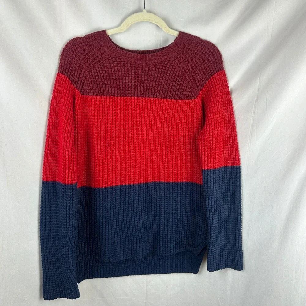 Marine Layer Delaney‎ Striped Waffle Knit Crewneck Sweater Red Navy Blue Small